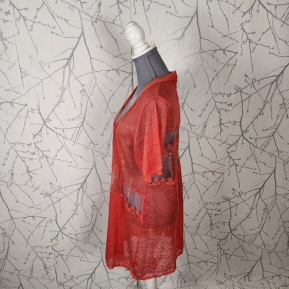 Red Coral Orange 100% Linen Floral Mesh Panel Open Cardigan - Picture 3 of 7
